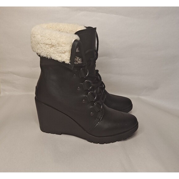 Sorel After Hours Lace Up Boot Women's 6.5 Black Leather Shearling Top Roll - Picture 2 of 11